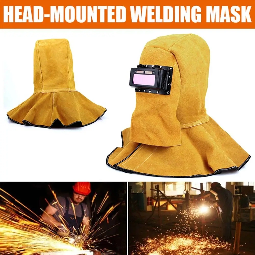 Cowhide Leather Welder Hood Welding Helmet Protective Gear Mask Work Cap, Solar Auto Darkening Filter Lens