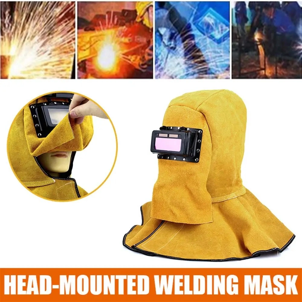 Cowhide Leather Welder Hood Welding Helmet Protective Gear Mask Work Cap, Solar Auto Darkening Filter Lens