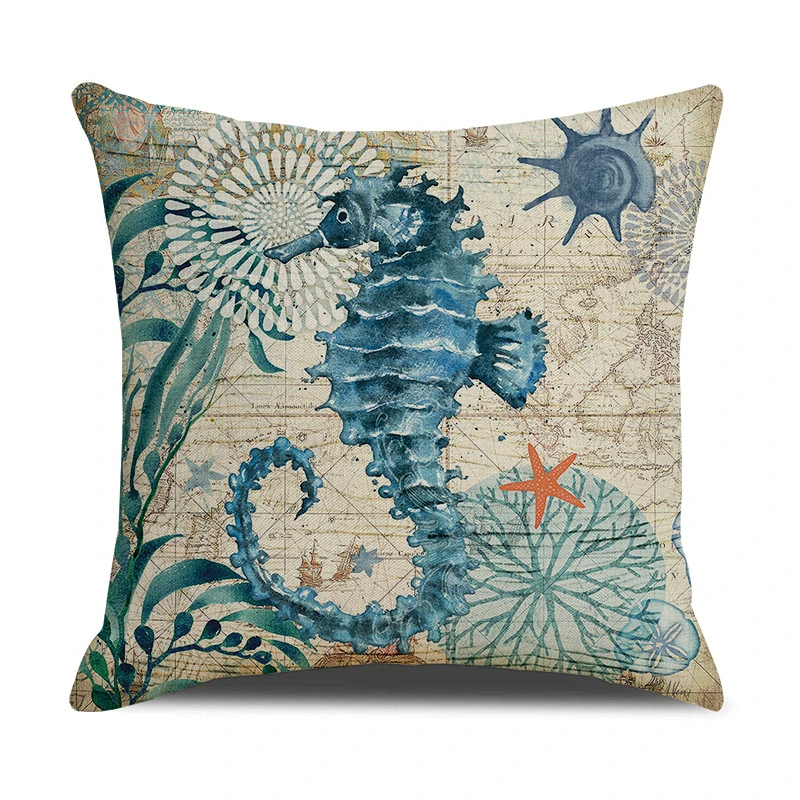 Modern Ocean Design Cushion Cover, Animal Design Printing Linen Look Cushion Cover