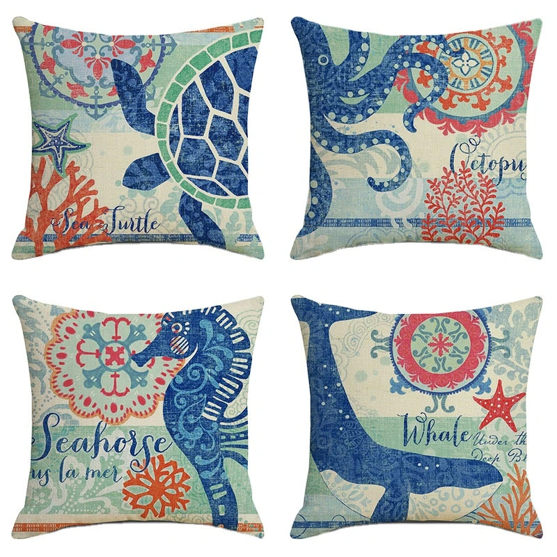 Modern Ocean Design Cushion Cover, Animal Design Printing Linen Look Cushion Cover