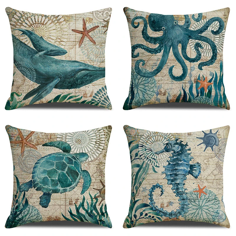 Modern Ocean Design Cushion Cover, Animal Design Printing Linen Look Cushion Cover