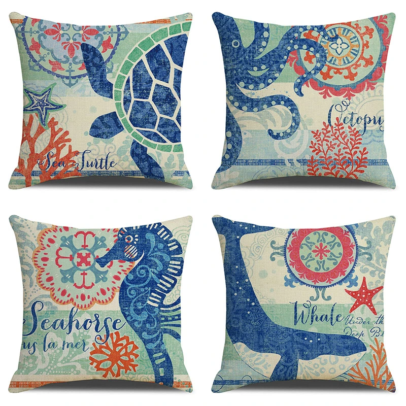 Modern Ocean Design Cushion Cover, Animal Design Printing Linen Look Cushion Cover