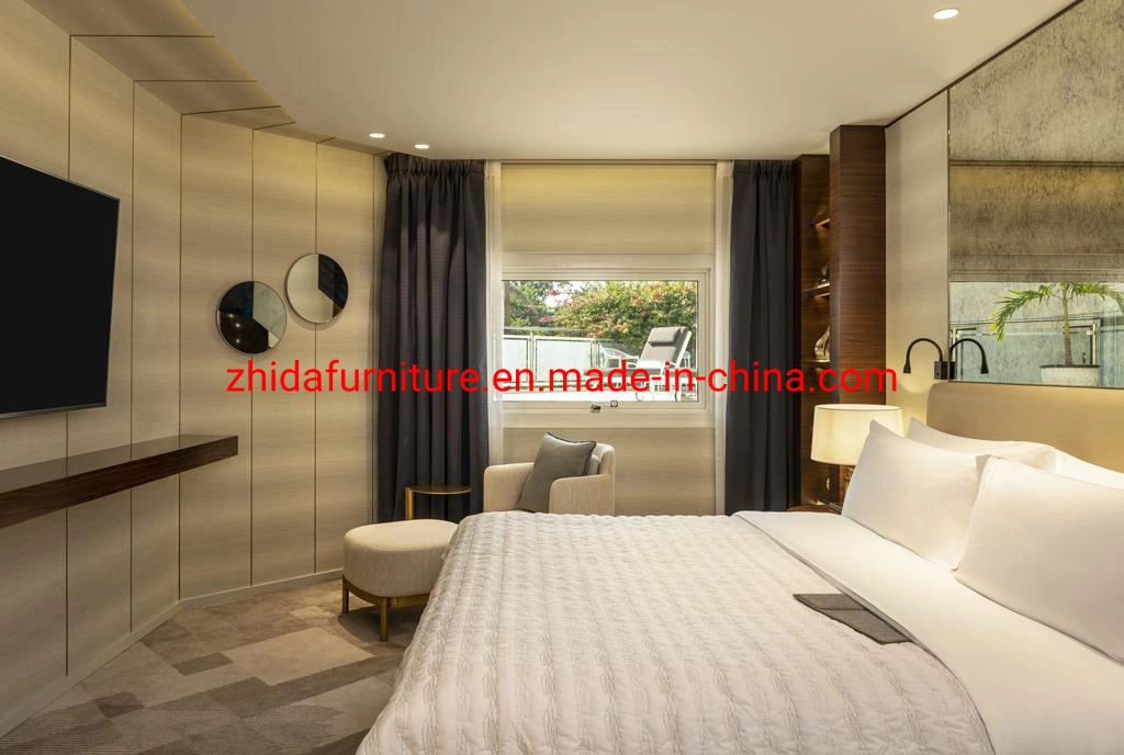 Zhida Modern Design Hotel Apartment Furniture Supplier Vacation Villa Bedroom Set King Size Bed with Fabric Leisure Chair