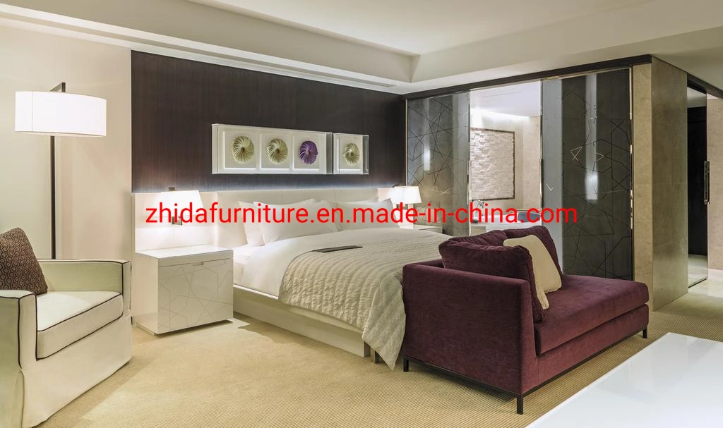 Zhida Modern Design Hotel Apartment Furniture Supplier Vacation Villa Bedroom Set King Size Bed with Fabric Leisure Chair