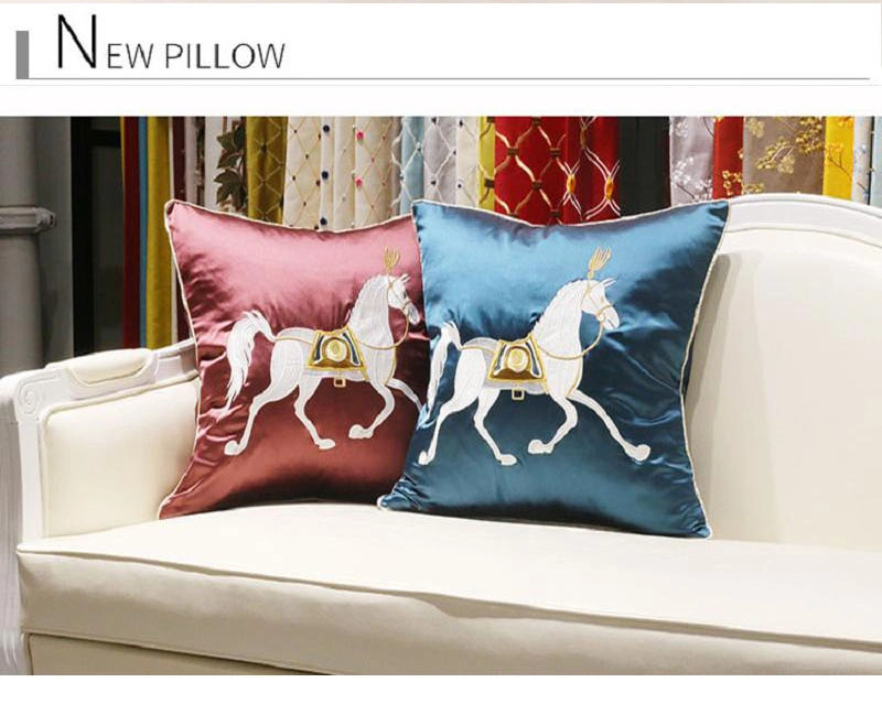 Hotel Supply Sofa Embroidery Horse Light Blue Decorate Throw Pillow Covers