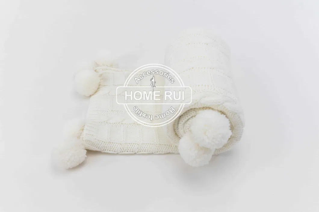 Home Rui Luxury Stylish Blanket for TV Napping Chairs Sofa Bed Camping Travel Car Airplane Aircondition Cable Knit Throws Pompom Decorative Blanket Cover