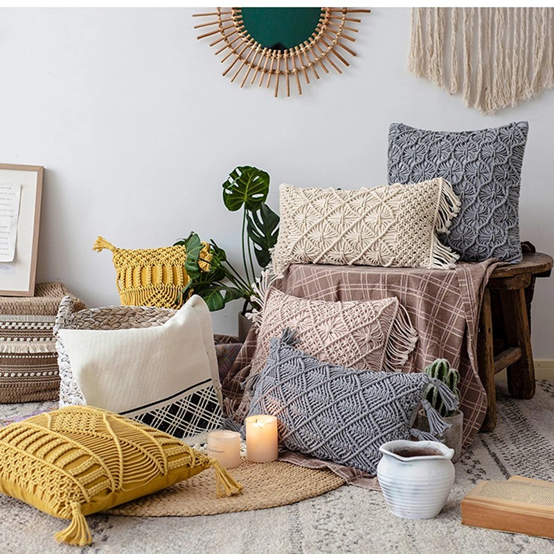 Decorative Cushion Cover Yellow Pink Grey with Hand Made Woven Pillow Cover Tassels Home Decoration Macrame Pillow Case for Sofa Bed