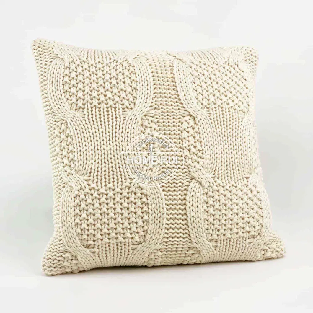 Manufacturer Beige Cable Knit Decorative Throw Pillow Cover Sweater Square Warm for Couch Bed Home Living Room Sofa Accent Decor Cushion