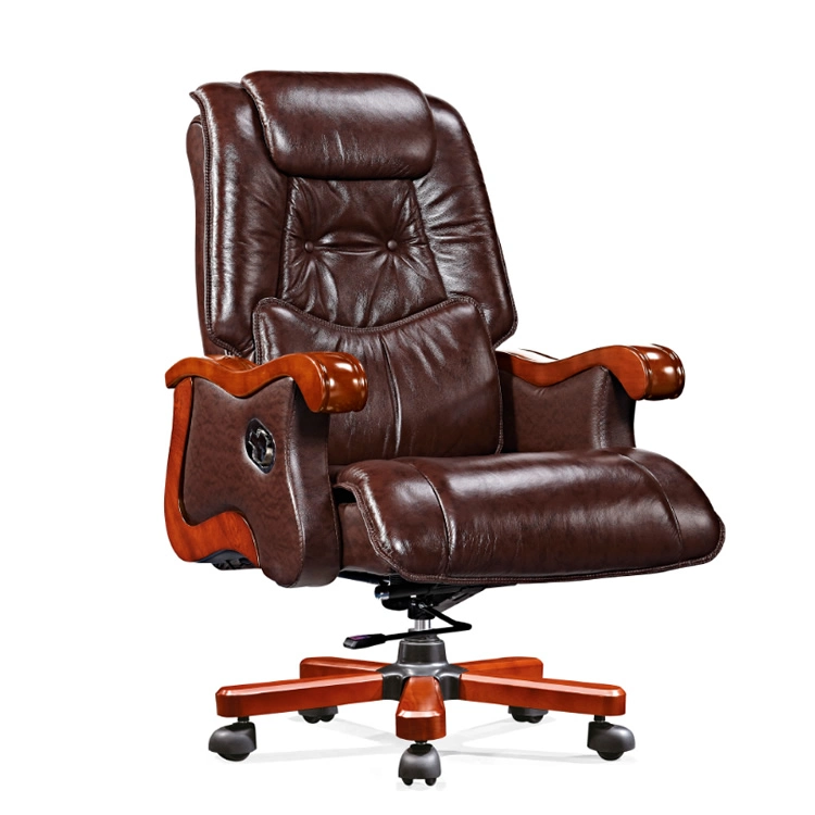 Luxury Executive Vintage Brown Faux Wooden Office Swivel Reclining Genuine Leather Armchair