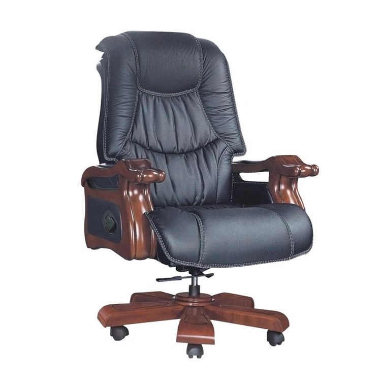 Luxury Executive Vintage Brown Faux Wooden Office Swivel Reclining Genuine Leather Armchair