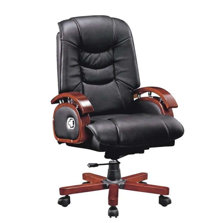 Luxury PU Boss Executive Wooden Office Swivel Reclining Genuine Leather Armchair