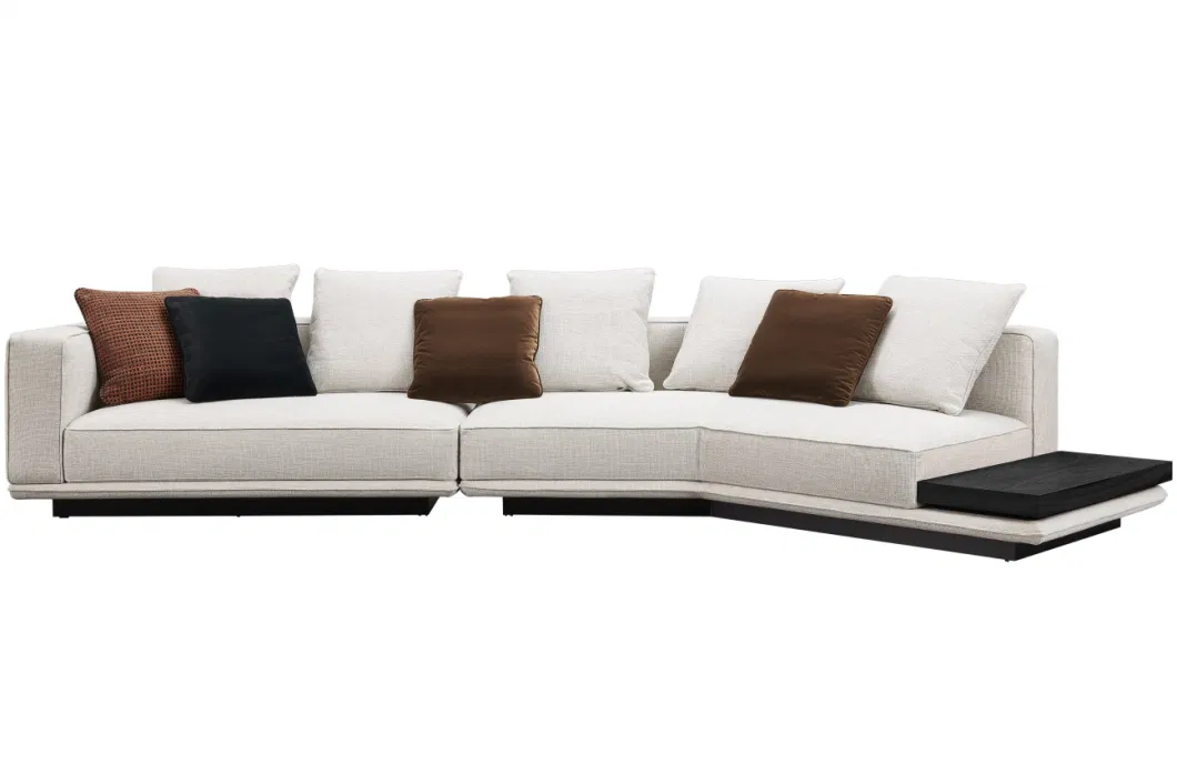 Modern European-Inspired Corner Sofa in Beige Fabric Matching Pillow Integrated Side Table