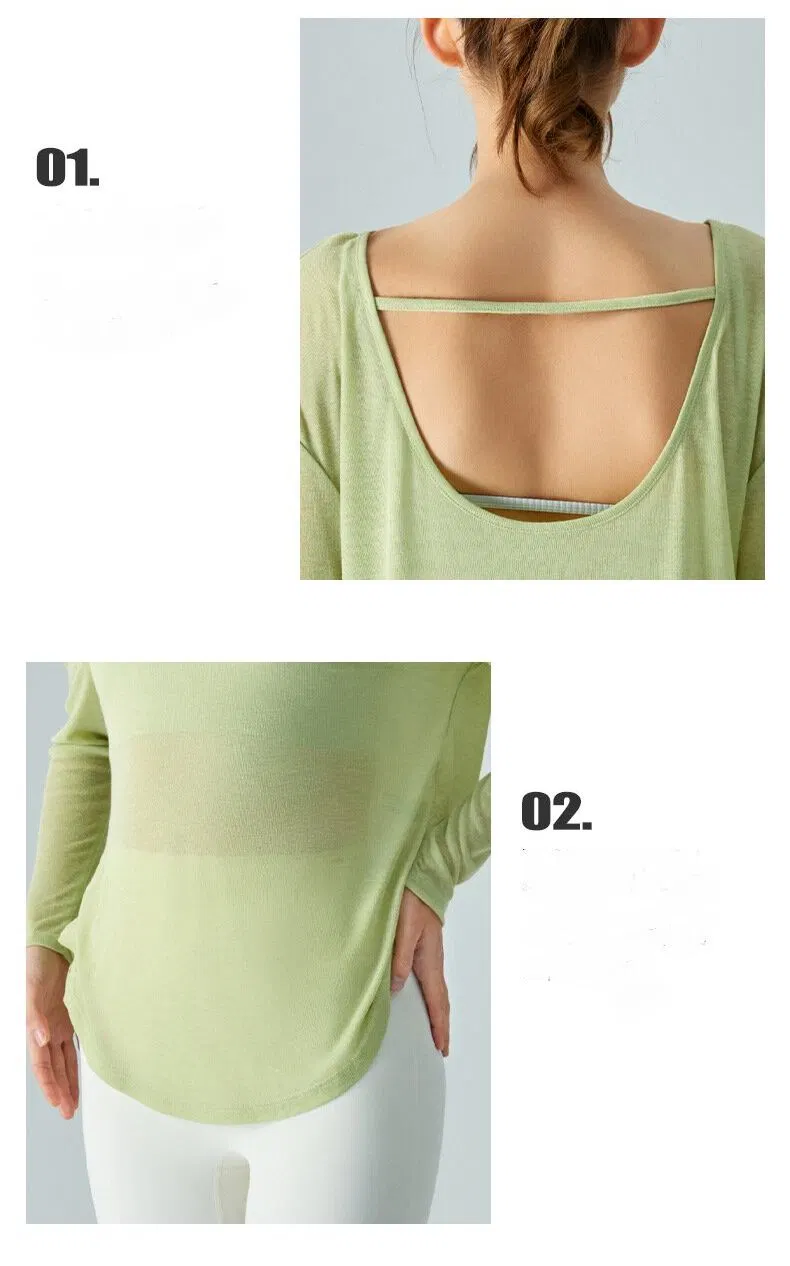 Bibbed Yoga Top Long Sleeved Backless Loose Fitting Women&prime;s Gym Wear T-Shirt Lightweight and Breathable Sports Cover