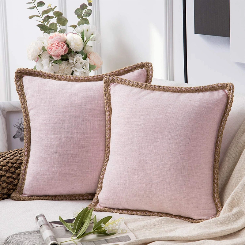 Baby Pink Linen Solid Hemming Soft Cushion Cover Living Room Bedroom Car Hotel Cushion Cover