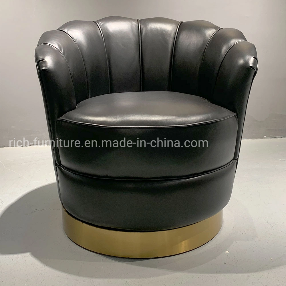 New Metal Base Swivel Accent Chair with Leather PU Cover for Living Room Black Tub Chair