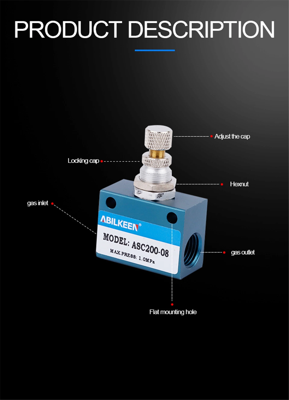 Adjustable Throttle Asc200-08 Pneumatic One Way Air Flow Speed Control Valve