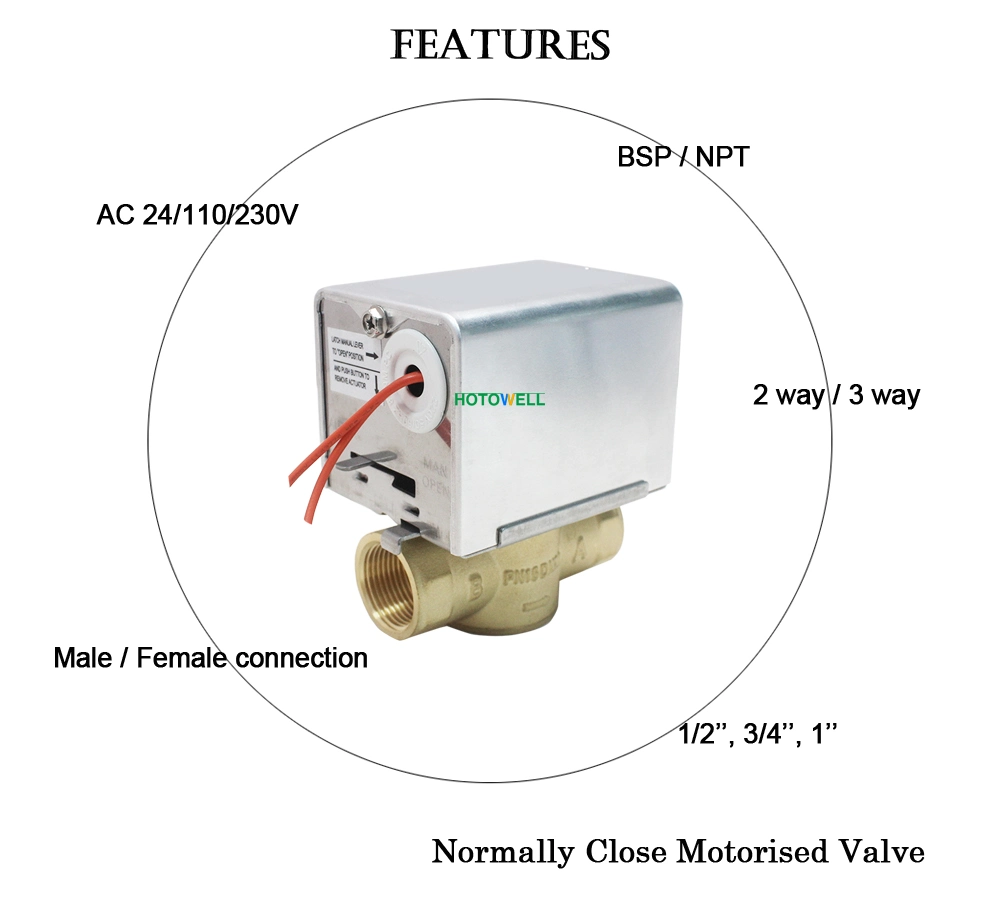 Electric Zone Valves 2 Way 3 Way Stainless Actuator Brass Valve Body Spring Return