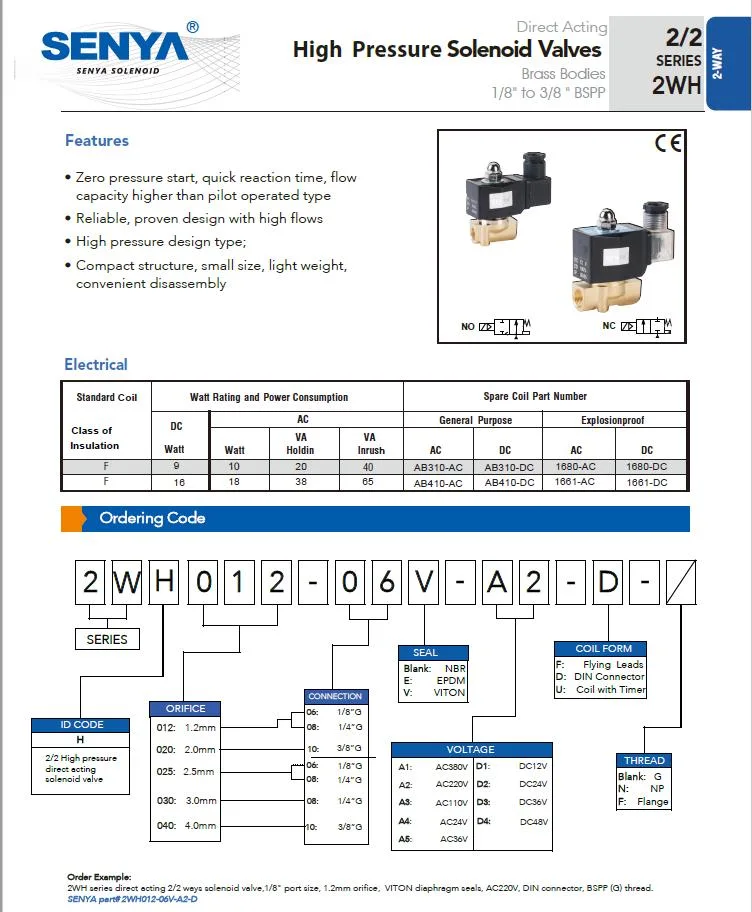 Senya Pneumatic Chinese Leading Brand Supplier Advanced High Efficiency 2wh Series Flow Control Application 2/2 Ways High Pressure Solenoid Valve