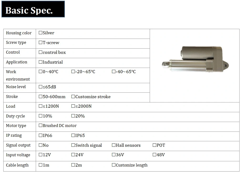 2000n 100mm 12V IP65 Waterproof Electric Linear Actuator with Fast Stroke Speed