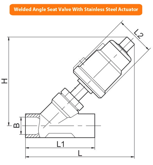 DN15 to DN50 Welded Y Type Stainless Steel 304 316 Air Actuated Piston Operated Pneumatic Angle Seat Valve