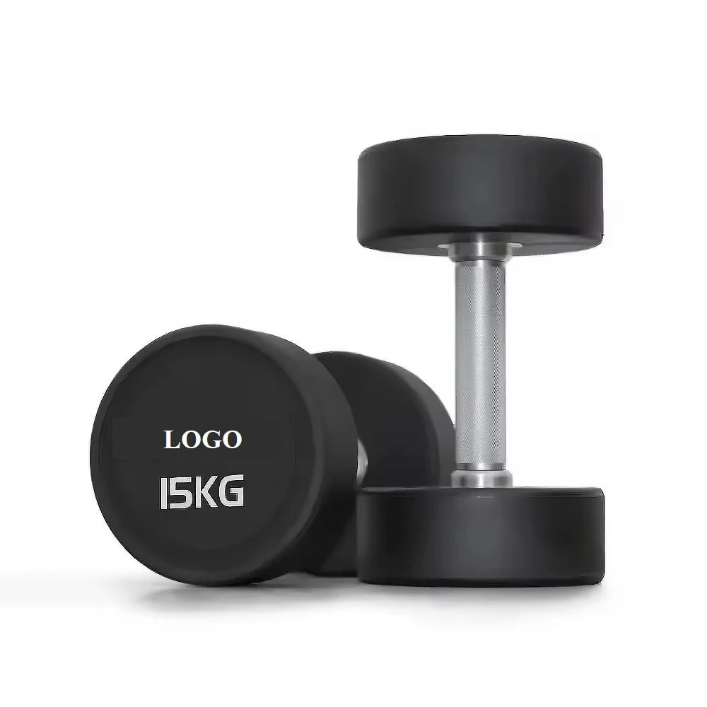 Commercial Gym Fitness Equipment PU Dumbbells Set in Black Round Coated 20kg 25kg 40kg 60kg Weights Body Training