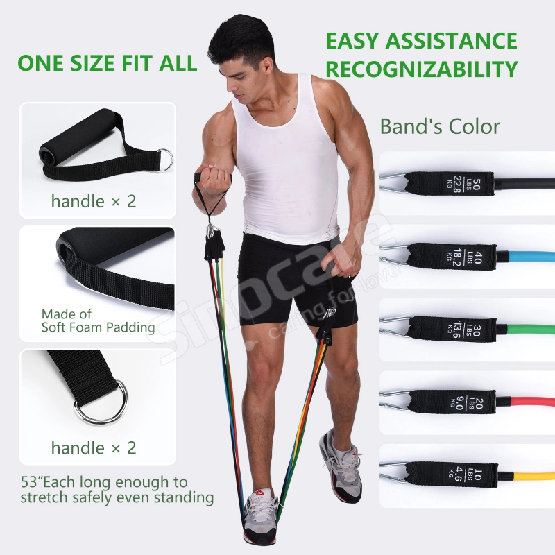 Sinoare 150lbs Bande De Latex Resistant Toning Tube 11PCS Elastic Latex Fitness Workout Exercise Resistance Bands Set