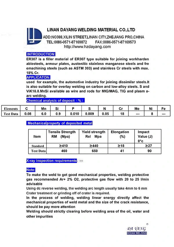 Small Spatters Stainless Steel Welding Wire Er307