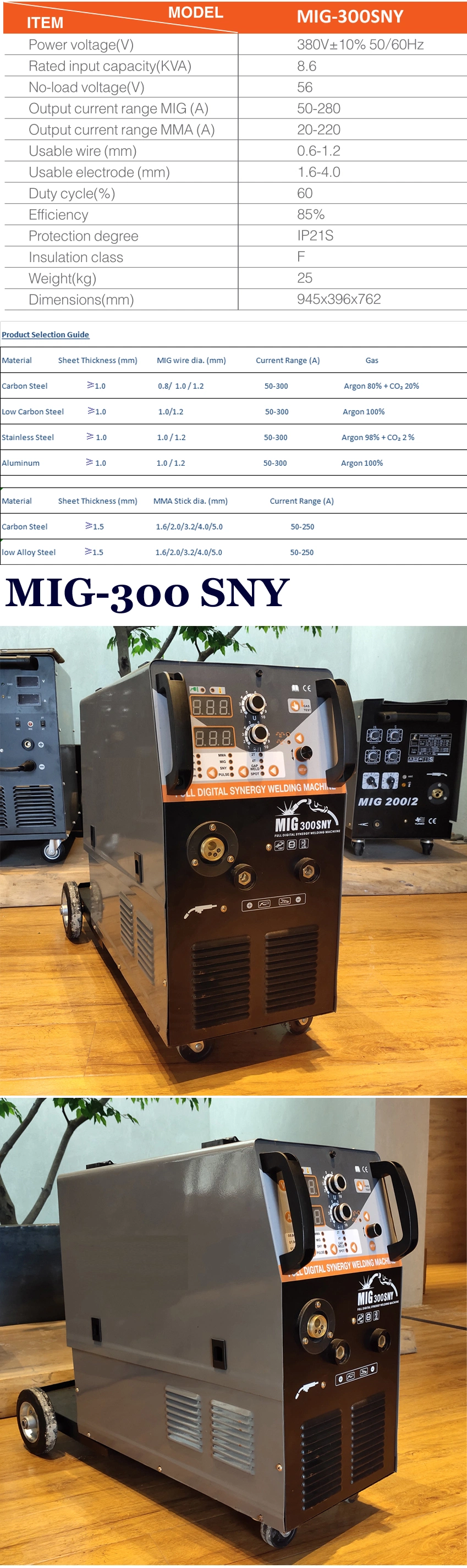 MIG Pulse Gap Weld Multiple Function 3 in 1 Welder Pre-Set Synergy 300A Semi-Automatic Industrial Equipment Aluminum Stainless Welding Machine 15kg Wire 3phase