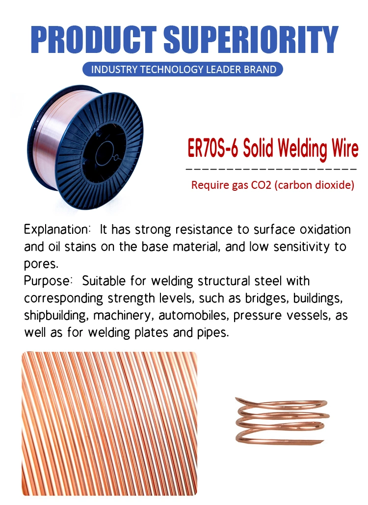 China Manufacture Aws Er70s-6 CO2 Gas Shielded Carbon Steel CO2 Welding Wire 0.8mm MIG Er70s-6 Brass Solid Welding Wire