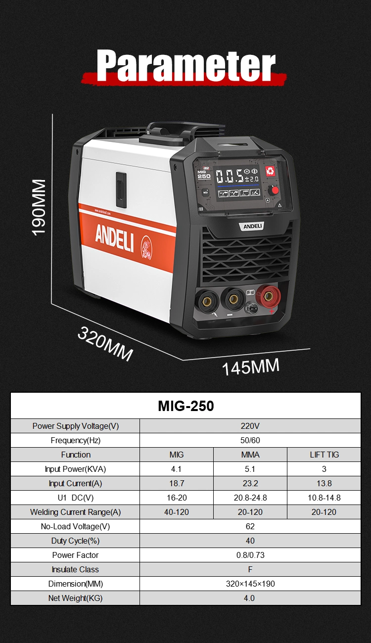 Andeli MIG-250 LED MIG MMA Lift TIG Gasless Flux MIG Welding Machine