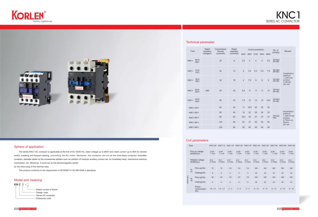 Korlen AC Contactor LC1-D Cjx2 9A-95A 3p+No 3p+Nc