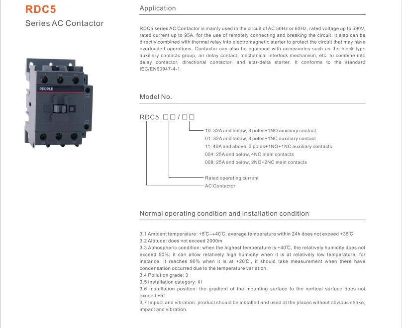 People Brand Humanized Design Rdc5-0910 Rated Current 6-95A 3p AC Contactor Magnetic Contactor with CE