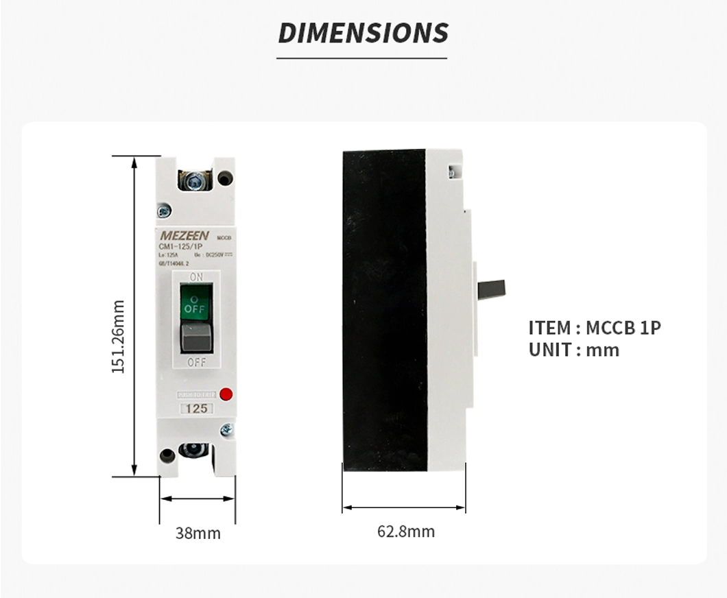 Professional DC Moulded Case Circuit Breaker Switch 1p 500V 125A DC MCCB