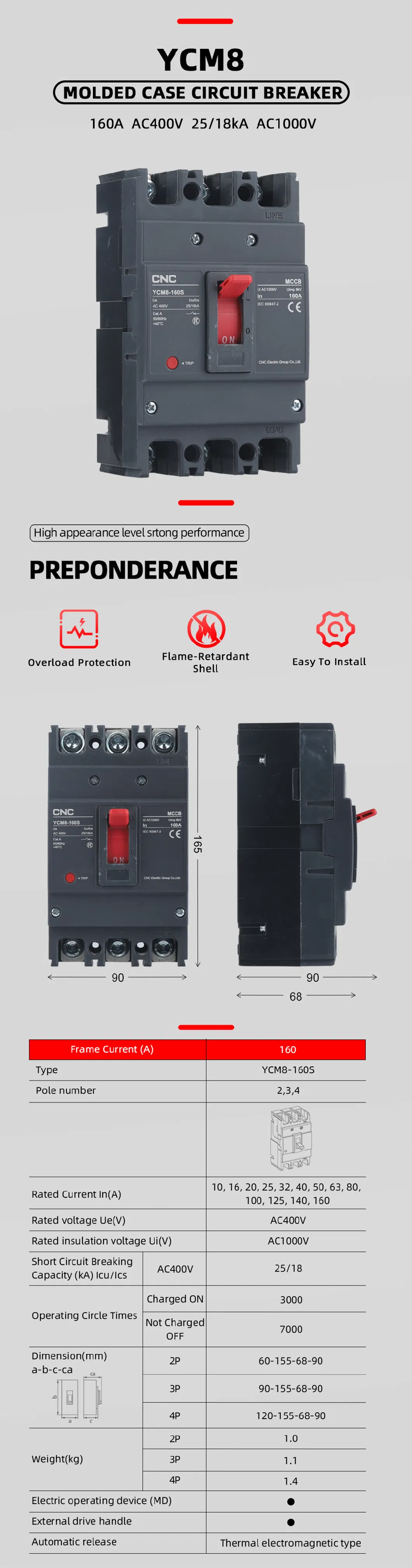 3p 125A Wenzhou 630 AMP 4 Pole Standard Ratings 1000A 4p MCCB