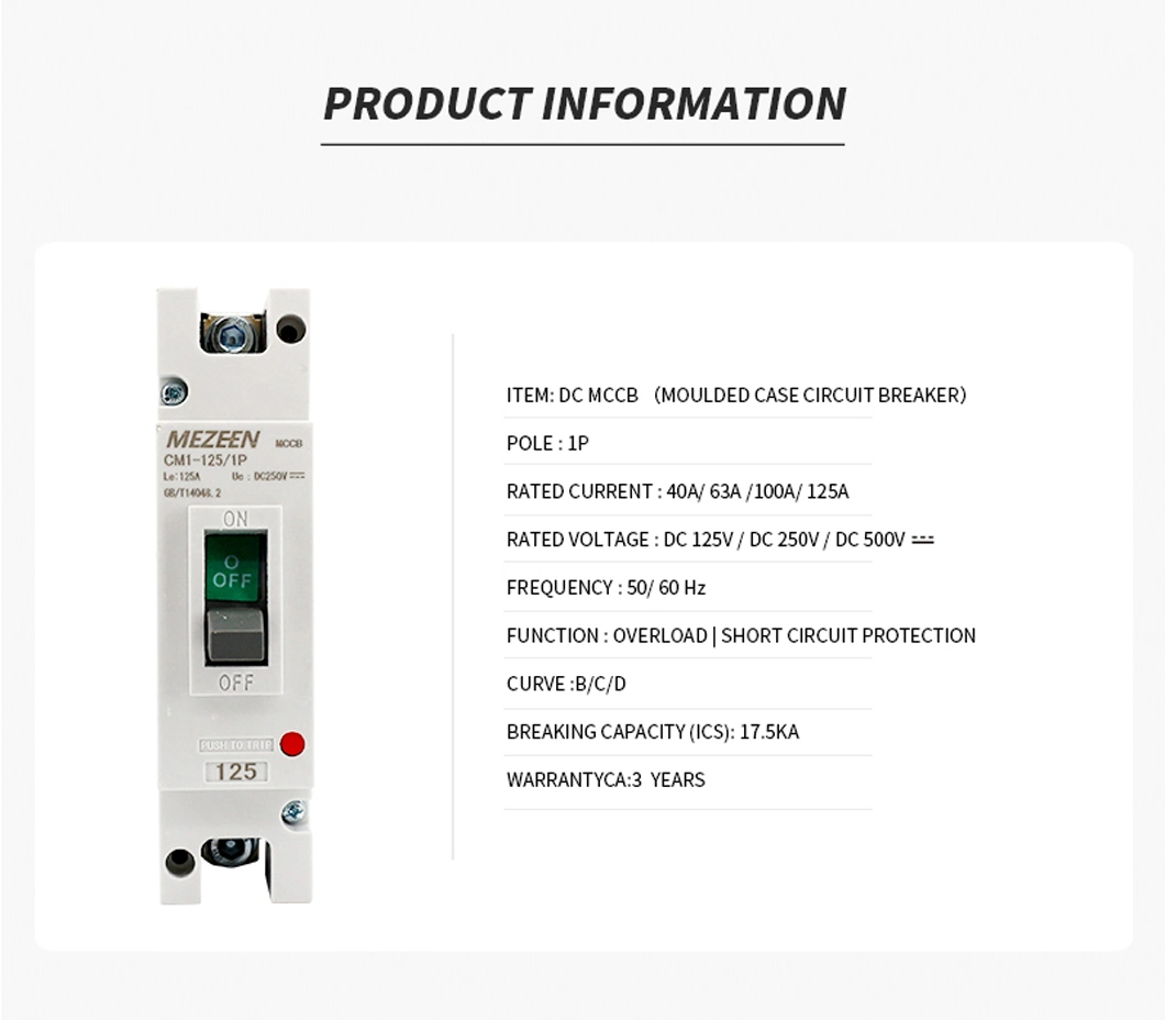 Professional DC Moulded Case Circuit Breaker Switch 1p 500V 125A DC MCCB