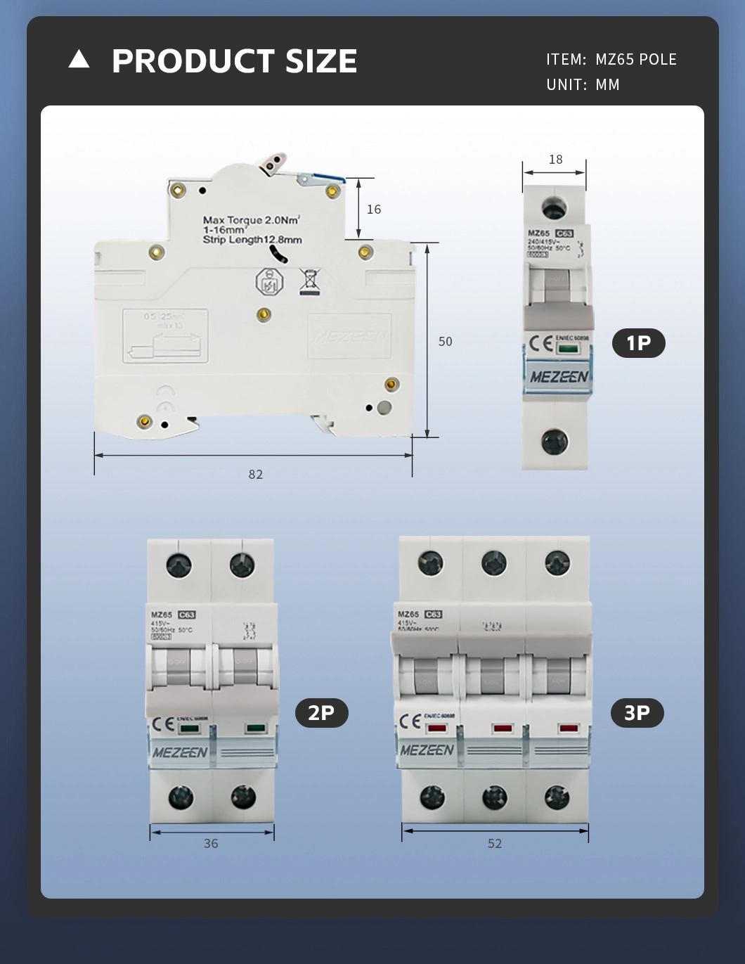 China Factory Mezeen MCB Mz65 Series 1 2 3 4p 1-63A DIN Rail C65 Type Miniature Circuit Breaker MCB