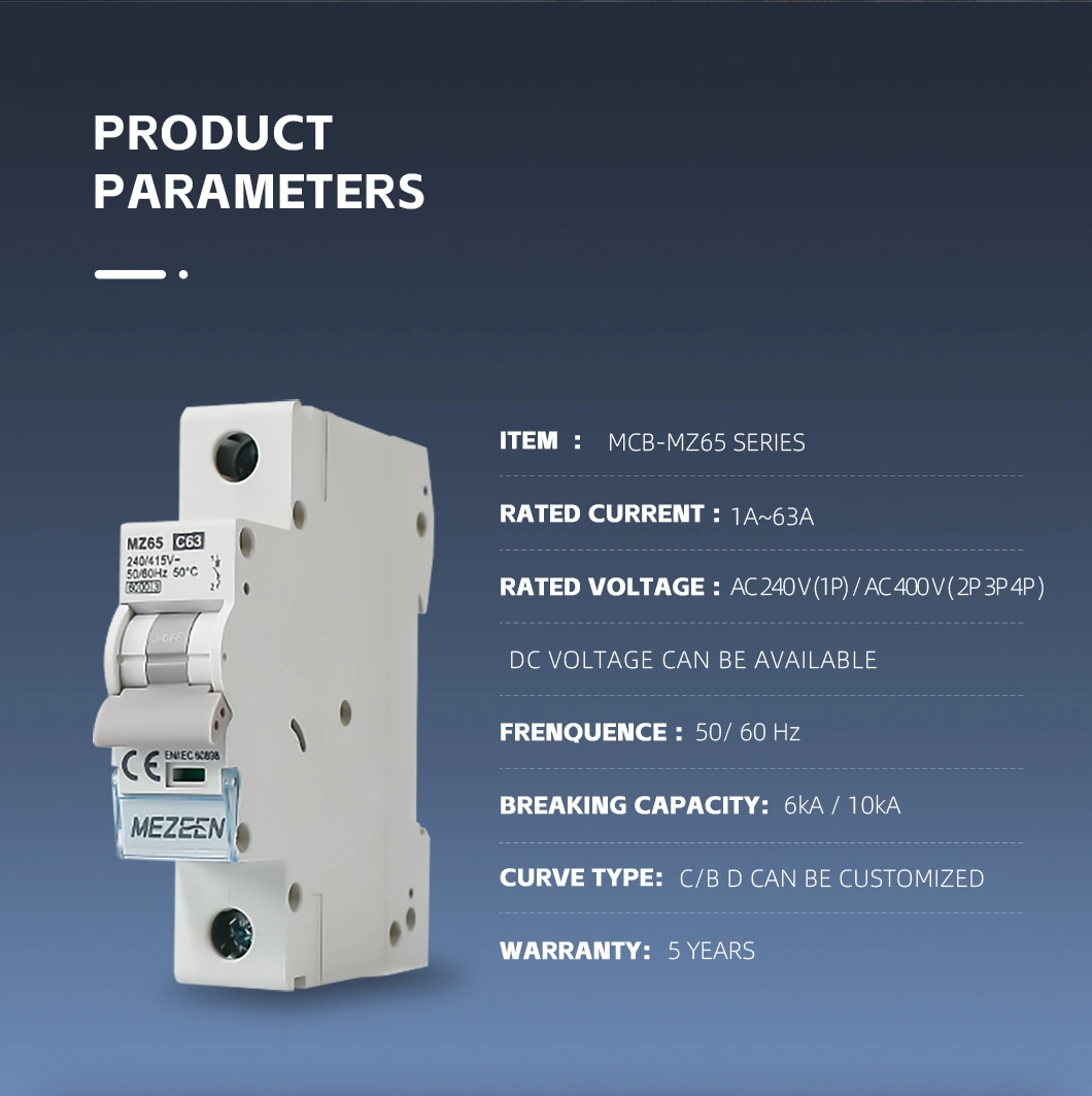 China Factory Mezeen MCB Mz65 Series 1 2 3 4p 1-63A DIN Rail C65 Type Miniature Circuit Breaker MCB