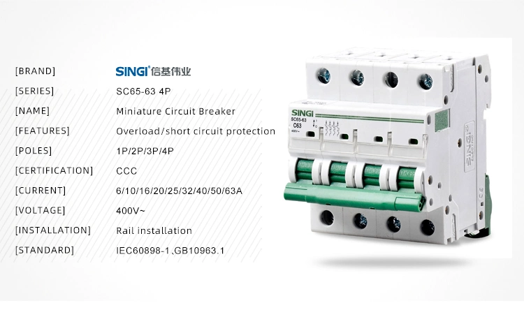 PA66 Conventional Singi Zhejiang, China 10ka MCB Sc65-63 Electric Circuit Breaker ODM