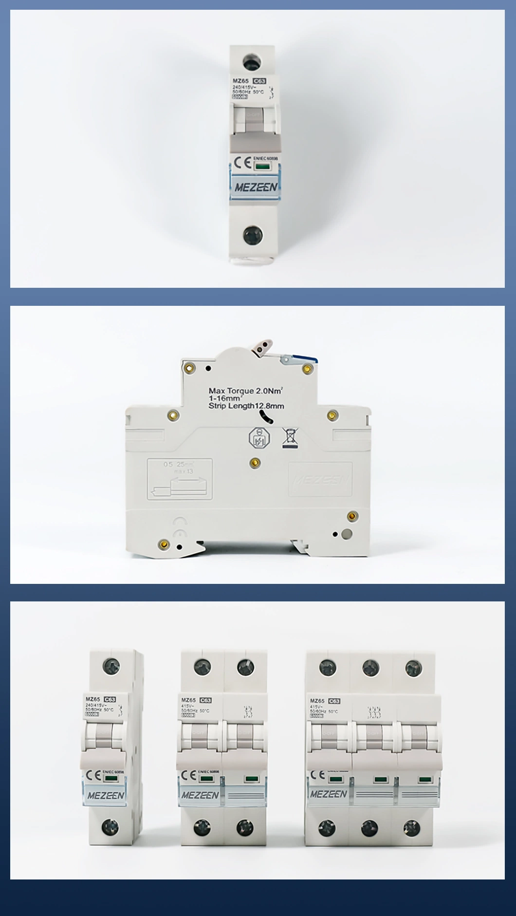 China Factory Mezeen MCB Mz65 Series 1 2 3 4p 1-63A DIN Rail C65 Type Miniature Circuit Breaker MCB