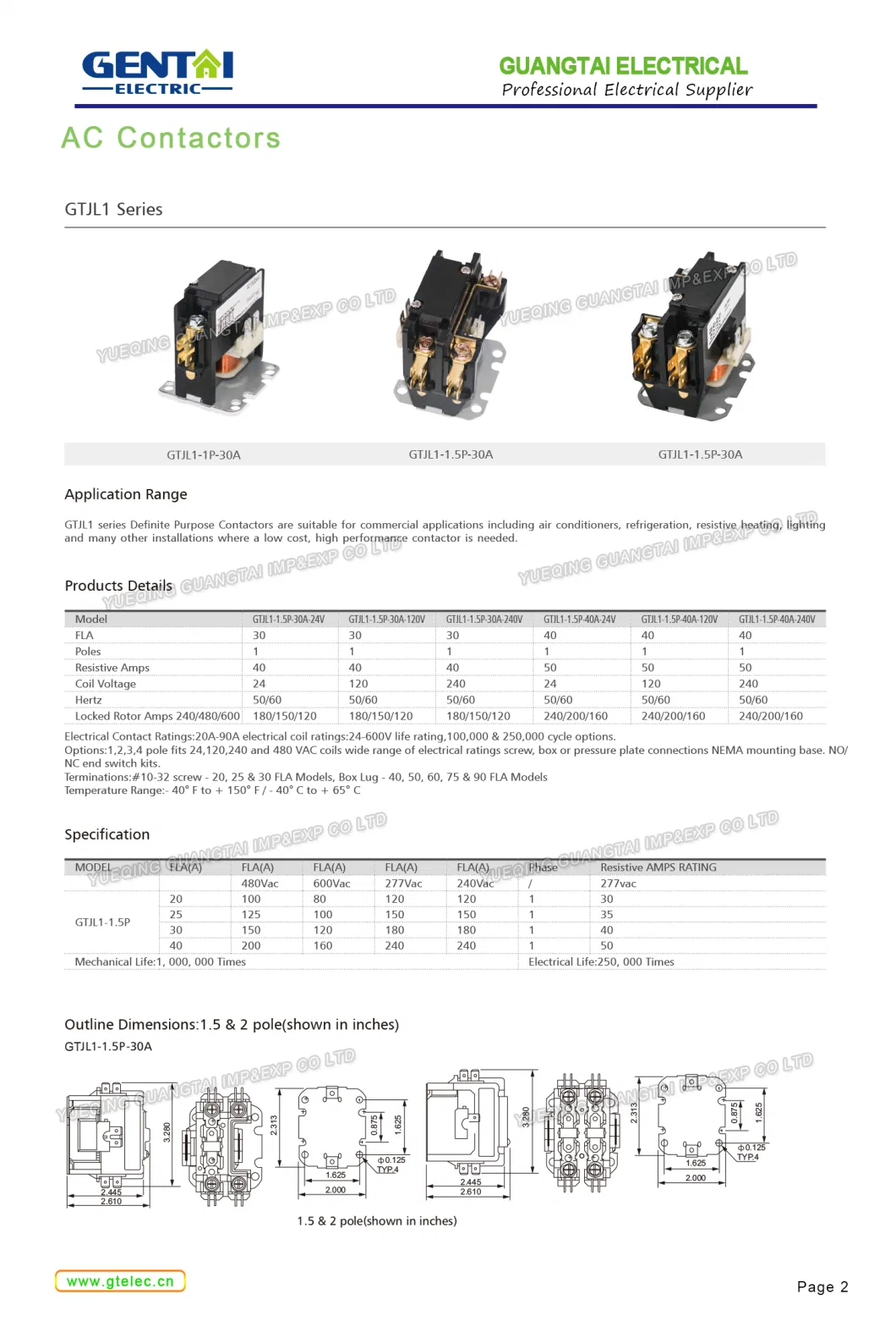 HVAC Motor Definite Purpose 2p 30A Coil 24/120/240VAC Dp AC Contactor