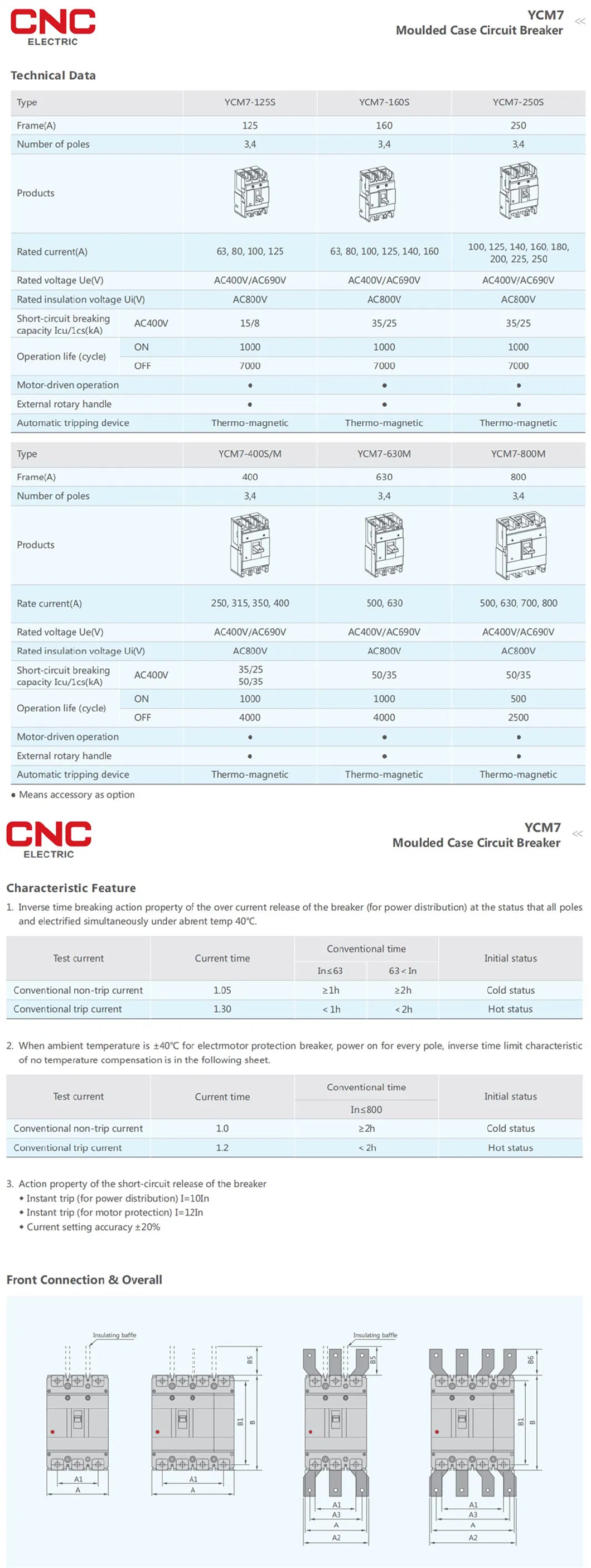 Ycm7 Series 63A~800A 3p 4p Moulded Case Circuit Breaker (MCCB) with Ce, Eac Certification