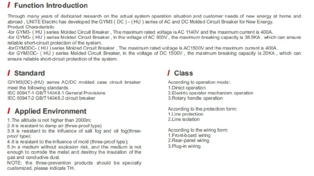 1500V 800A 20ka Moulded Case Circuit Breaker Solar Photovoltaic DC MCCB