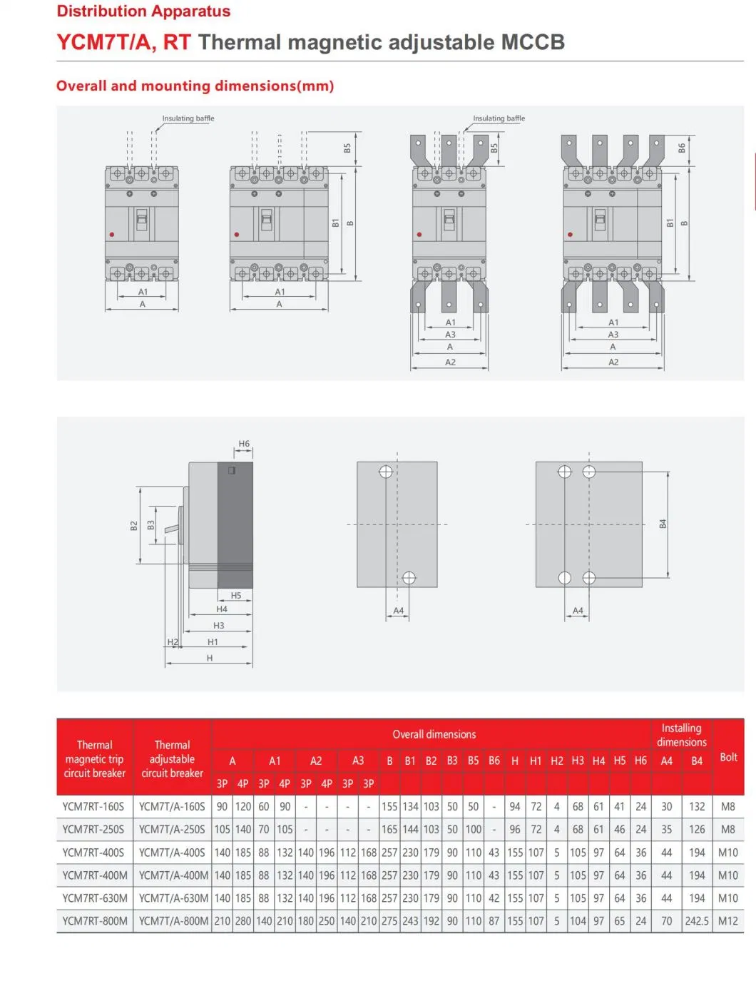 CNC Electric Ycm7ta 16A-800A 3p 4p Electrical Molded Case Circuit Breaker Electronic Adjustable MCCB