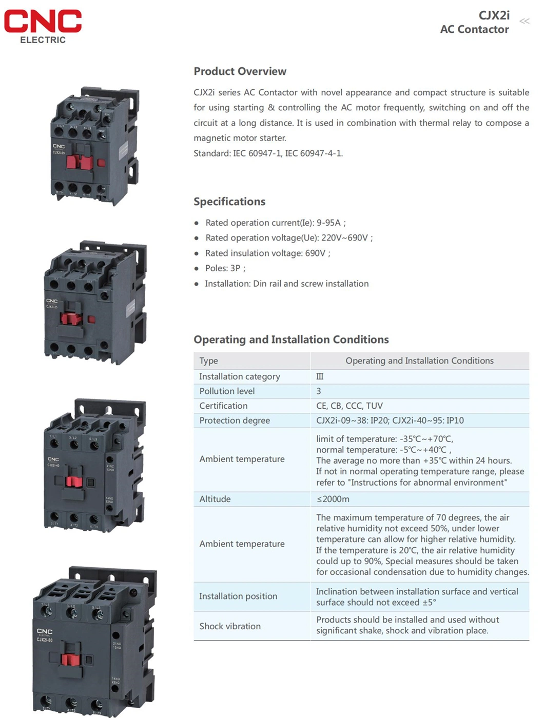 CNC Cjx2I Model 3p 32A~95A 220V AC Electric 3 Poles Magnetic AC Contactor