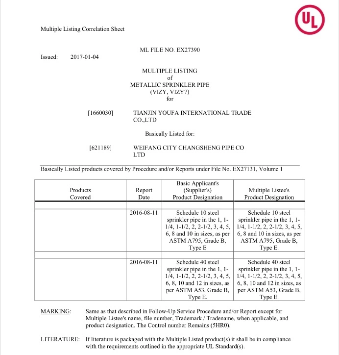 Carbon Steel ASTM A795 A53 Grade B Grooved ERW Fire Pipes