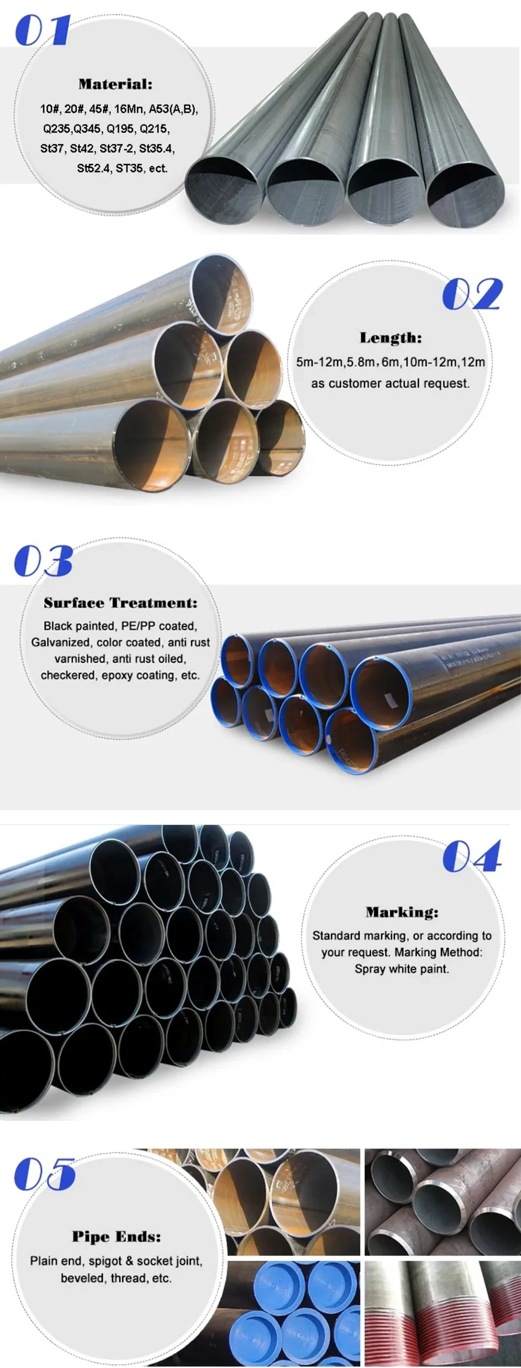 Petroleum Pipeline Line Boiler API 5L ASTM A53 304 316L Seamless Hot Rolled ERW Spiral Welded Hot Dipped Galvanized Carbon Ss Stainless Steel Square Tubing