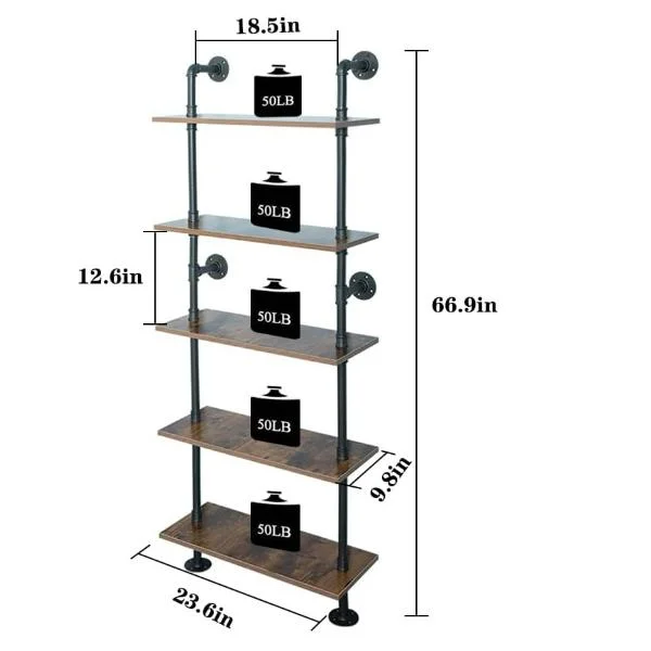 Industrial Shelves in Rustic Modern Wood Ladder Bookcase with Metal Frame, Pipe Wall Shelf for Wood Storage Home Decor