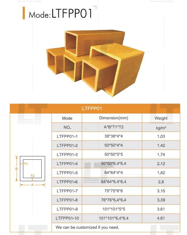 GRP Composite Plastic Pipe Pultruded Fiberglass FRP Square Tube