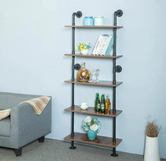 Industrial Shelves in Rustic Modern Wood Ladder Bookcase with Metal Frame, Pipe Wall Shelf for Wood Storage Home Decor