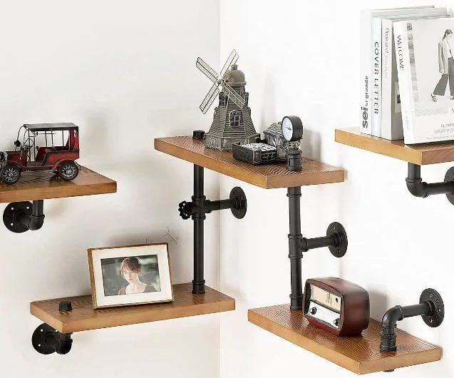 Industrial Shelves in Rustic Modern Wood Ladder Bookcase with Metal Frame, Pipe Wall Shelf for Wood Storage Home Decor